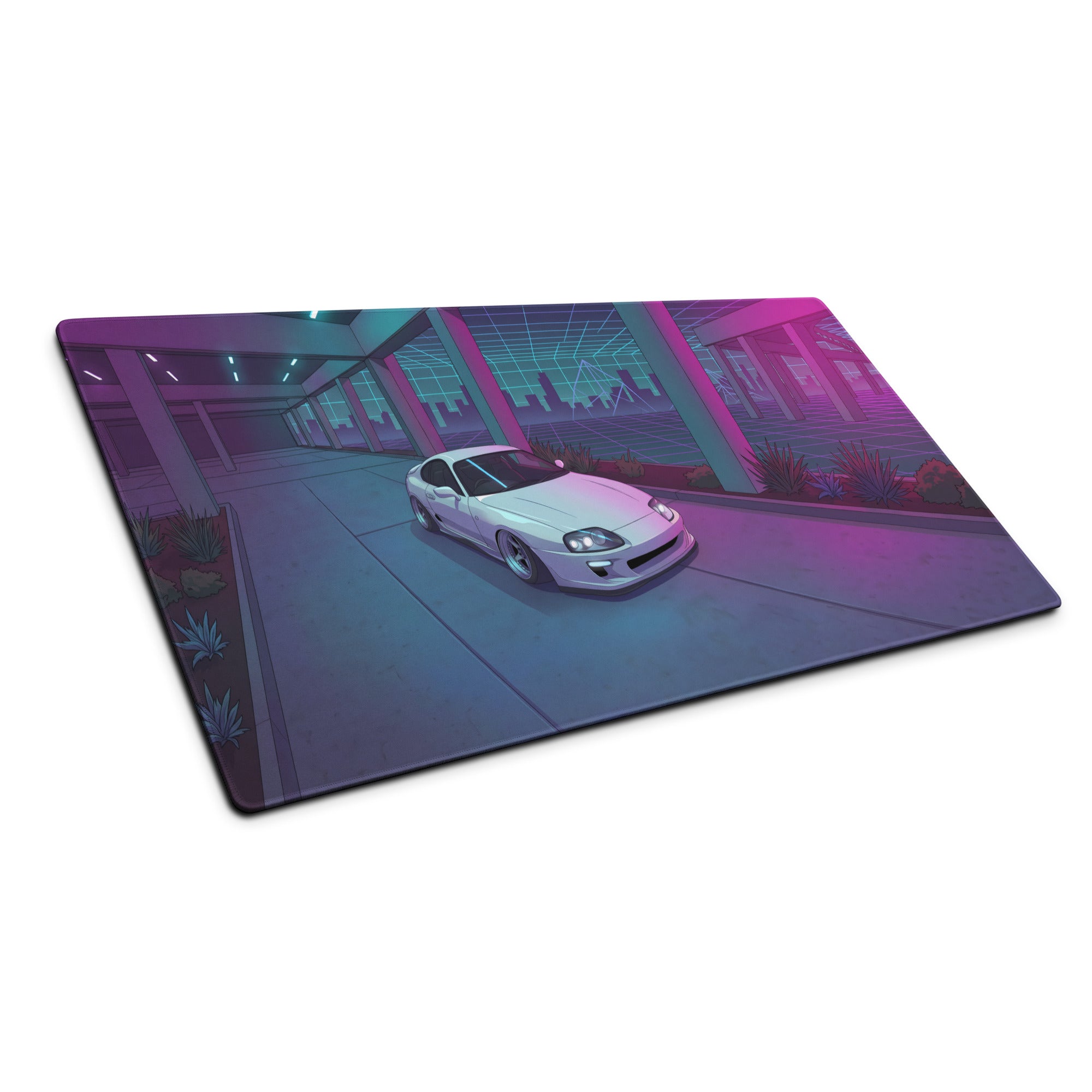 Toyota Supra MK4 A80 Inspired White Purple Vaporwave Gaming Mouse Pad, Neon JDM Sports Car Desk Mat with Retro Futuristic Cyber City Artwork