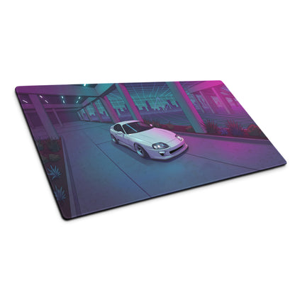 Toyota Supra MK4 A80 Inspired White Purple Vaporwave Gaming Mouse Pad, Neon JDM Sports Car Desk Mat with Retro Futuristic Cyber City Artwork