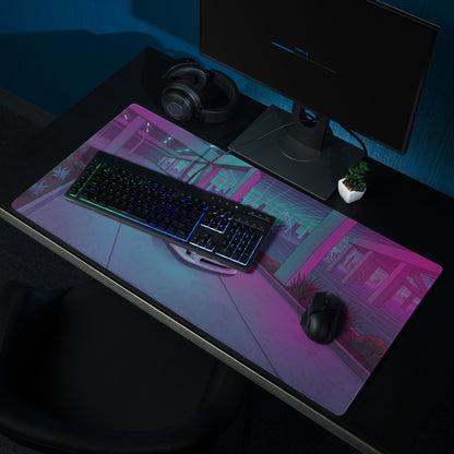Toyota Supra MK4 A80 Inspired White Purple Vaporwave Gaming Mouse Pad, Neon JDM Sports Car Desk Mat with Retro Futuristic Cyber City Artwork