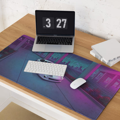 Toyota Supra MK4 A80 Inspired White Purple Vaporwave Gaming Mouse Pad, Neon JDM Sports Car Desk Mat with Retro Futuristic Cyber City Artwork