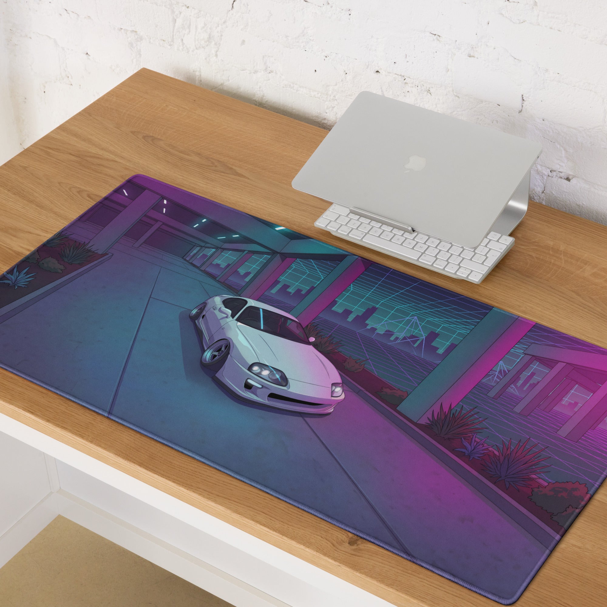 Toyota Supra MK4 A80 Inspired White Purple Vaporwave Gaming Mouse Pad, Neon JDM Sports Car Desk Mat with Retro Futuristic Cyber City Artwork