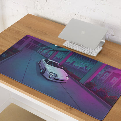 Toyota Supra MK4 A80 Inspired White Purple Vaporwave Gaming Mouse Pad, Neon JDM Sports Car Desk Mat with Retro Futuristic Cyber City Artwork