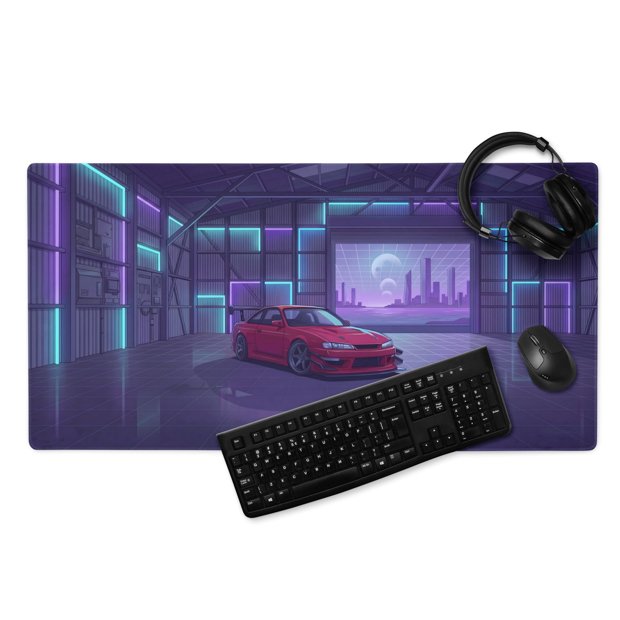 Nissan Silvia S14 Inspired Red Purple Vaporwave Gaming Mouse Pad, Neon JDM Drift Car Desk Mat with Retro Futuristic Garage City Artwork