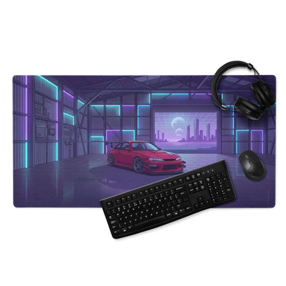 Nissan Silvia S14 Inspired Red Purple Vaporwave Gaming Mouse Pad, Neon JDM Drift Car Desk Mat with Retro Futuristic Garage City Artwork