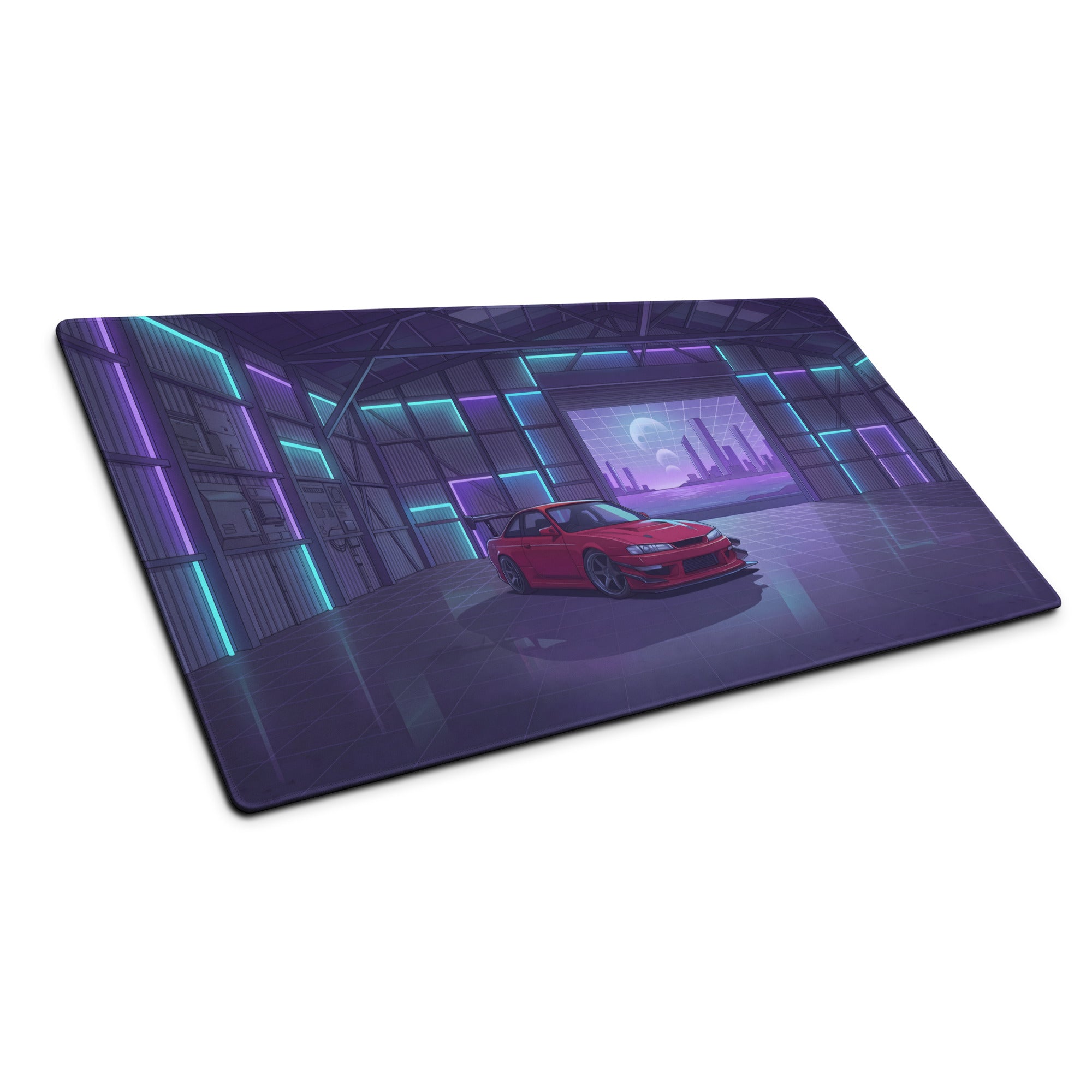 Nissan Silvia S14 Inspired Red Purple Vaporwave Gaming Mouse Pad, Neon JDM Drift Car Desk Mat with Retro Futuristic Garage City Artwork