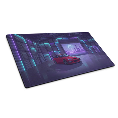Nissan Silvia S14 Inspired Red Purple Vaporwave Gaming Mouse Pad, Neon JDM Drift Car Desk Mat with Retro Futuristic Garage City Artwork