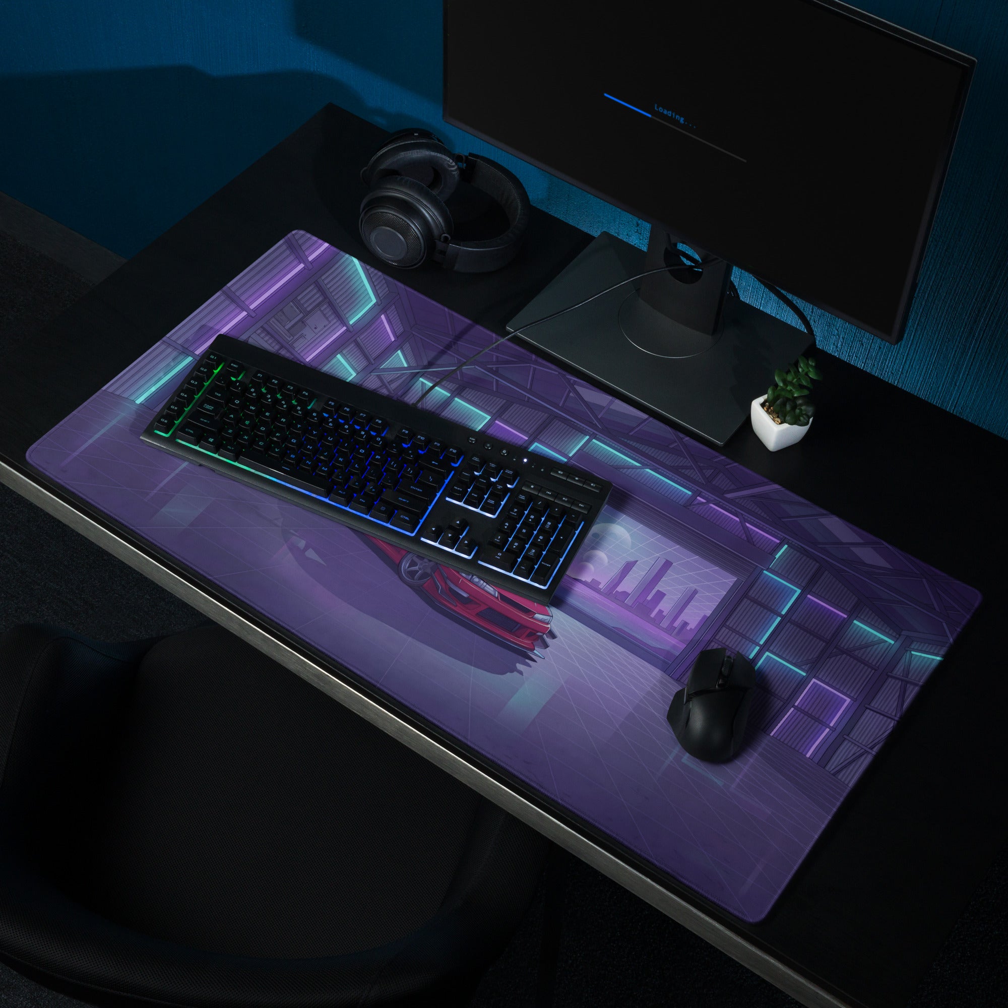 Nissan Silvia S14 Inspired Red Purple Vaporwave Gaming Mouse Pad, Neon JDM Drift Car Desk Mat with Retro Futuristic Garage City Artwork