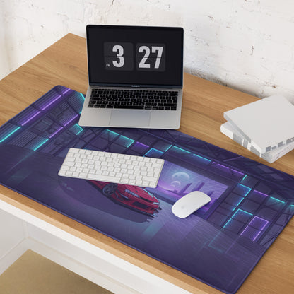 Nissan Silvia S14 Inspired Red Purple Vaporwave Gaming Mouse Pad, Neon JDM Drift Car Desk Mat with Retro Futuristic Garage City Artwork