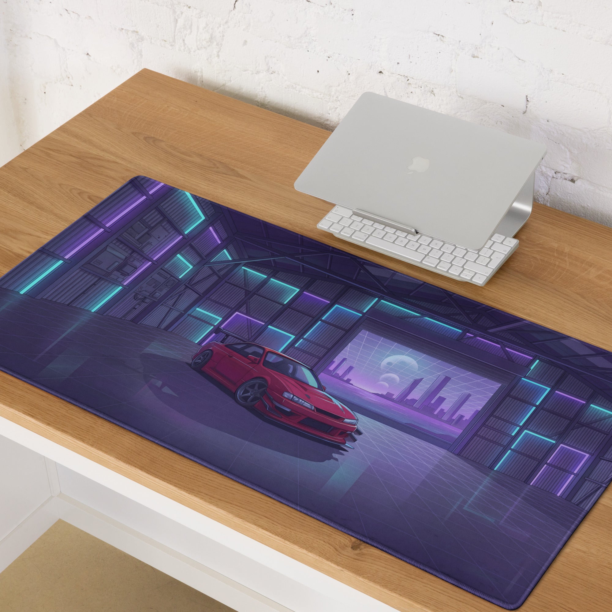 Nissan Silvia S14 Inspired Red Purple Vaporwave Gaming Mouse Pad, Neon JDM Drift Car Desk Mat with Retro Futuristic Garage City Artwork