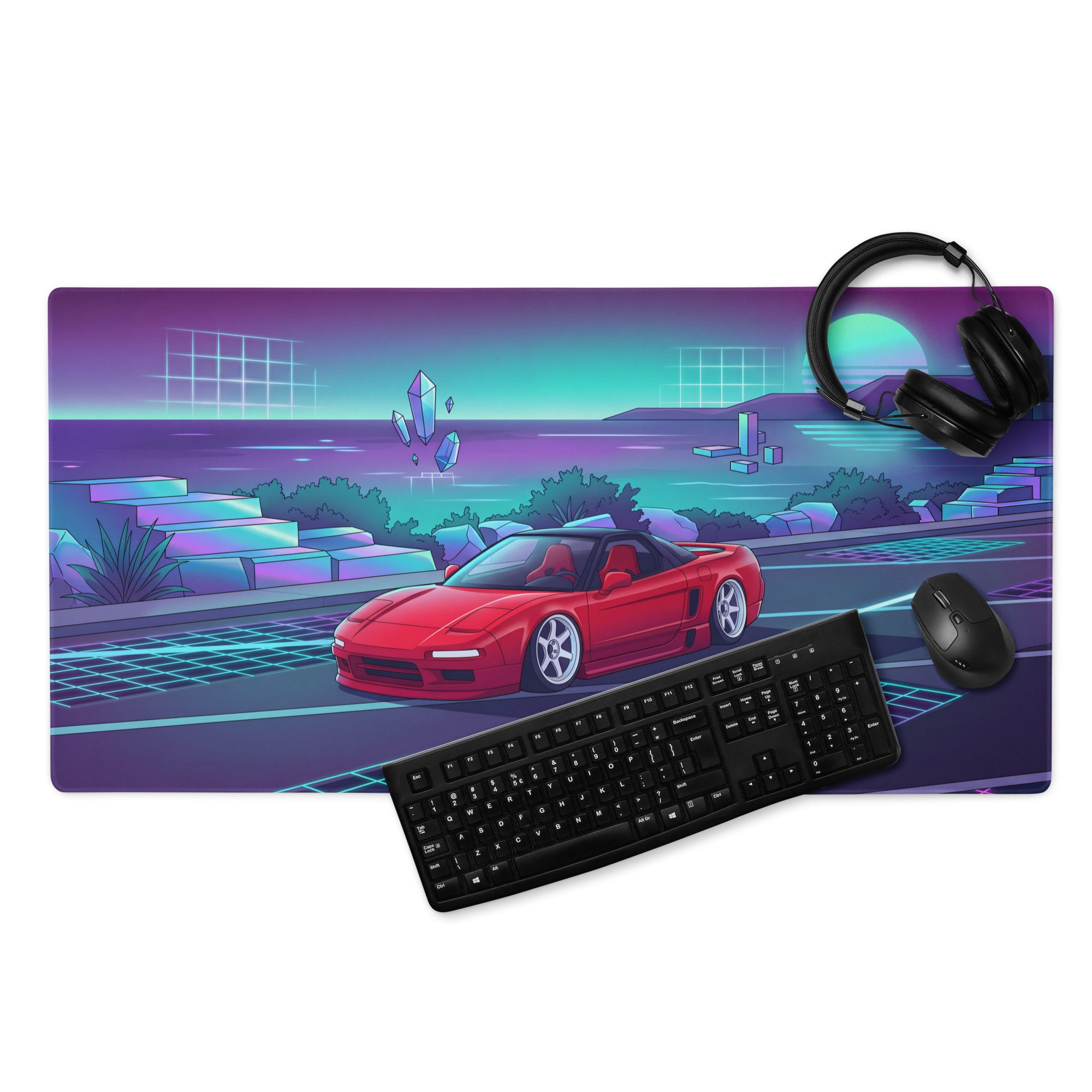 Honda NSX Inspired Red Cyan Vaporwave Gaming Mouse Pad, Neon JDM Supercar Desk Mat with Retro Futuristic Coastal Crystal Artwork