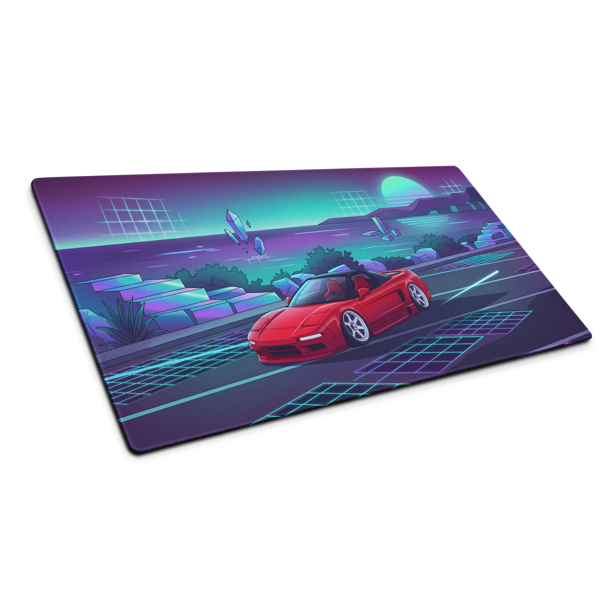 Honda NSX Inspired Red Cyan Vaporwave Gaming Mouse Pad, Neon JDM Supercar Desk Mat with Retro Futuristic Coastal Crystal Artwork