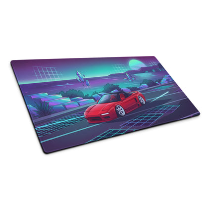 Honda NSX Inspired Red Cyan Vaporwave Gaming Mouse Pad, Neon JDM Supercar Desk Mat with Retro Futuristic Coastal Crystal Artwork