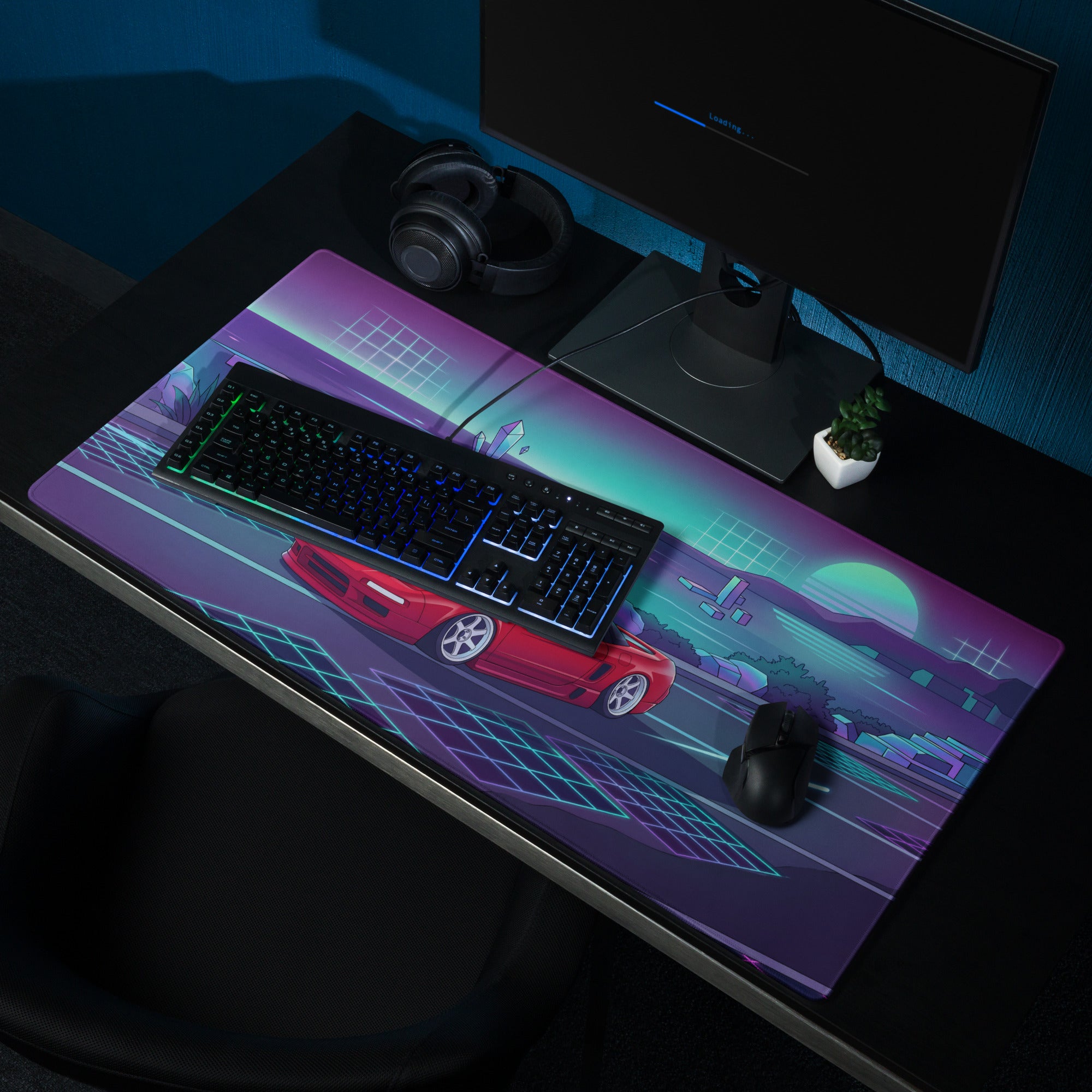 Honda NSX Inspired Red Cyan Vaporwave Gaming Mouse Pad, Neon JDM Supercar Desk Mat with Retro Futuristic Coastal Crystal Artwork