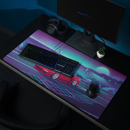 Honda NSX Inspired Red Cyan Vaporwave Gaming Mouse Pad, Neon JDM Supercar Desk Mat with Retro Futuristic Coastal Crystal Artwork