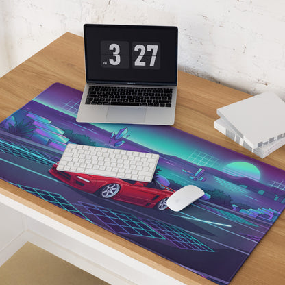 Honda NSX Inspired Red Cyan Vaporwave Gaming Mouse Pad, Neon JDM Supercar Desk Mat with Retro Futuristic Coastal Crystal Artwork