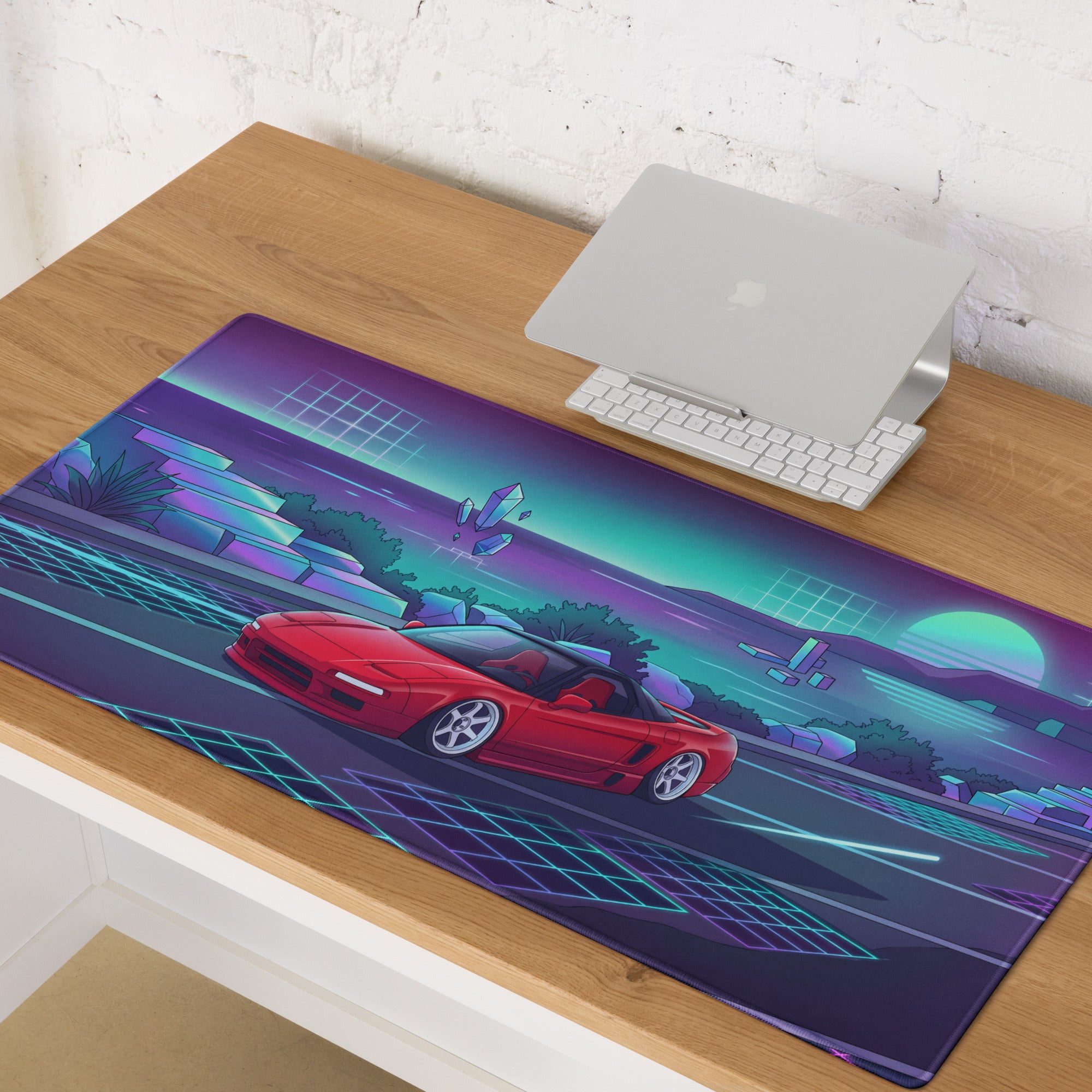 Honda NSX Inspired Red Cyan Vaporwave Gaming Mouse Pad, Neon JDM Supercar Desk Mat with Retro Futuristic Coastal Crystal Artwork