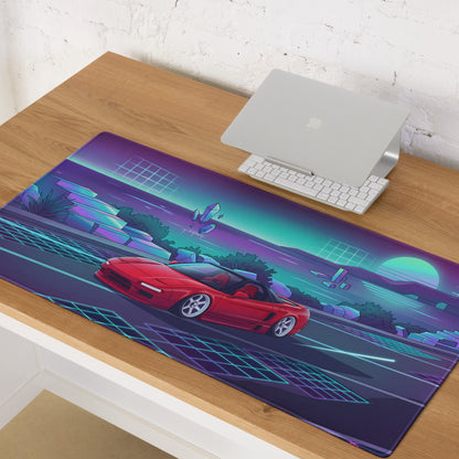 Honda NSX Inspired Red Cyan Vaporwave Gaming Mouse Pad, Neon JDM Supercar Desk Mat with Retro Futuristic Coastal Crystal Artwork
