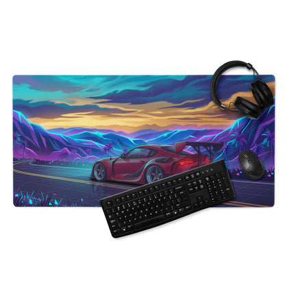 Toyota GR Supra A90 Inspired Red Blue Vaporwave Gaming Mouse Pad, Neon JDM Sports Car Desk Mat with Retro Futuristic Mountain Road Artwork