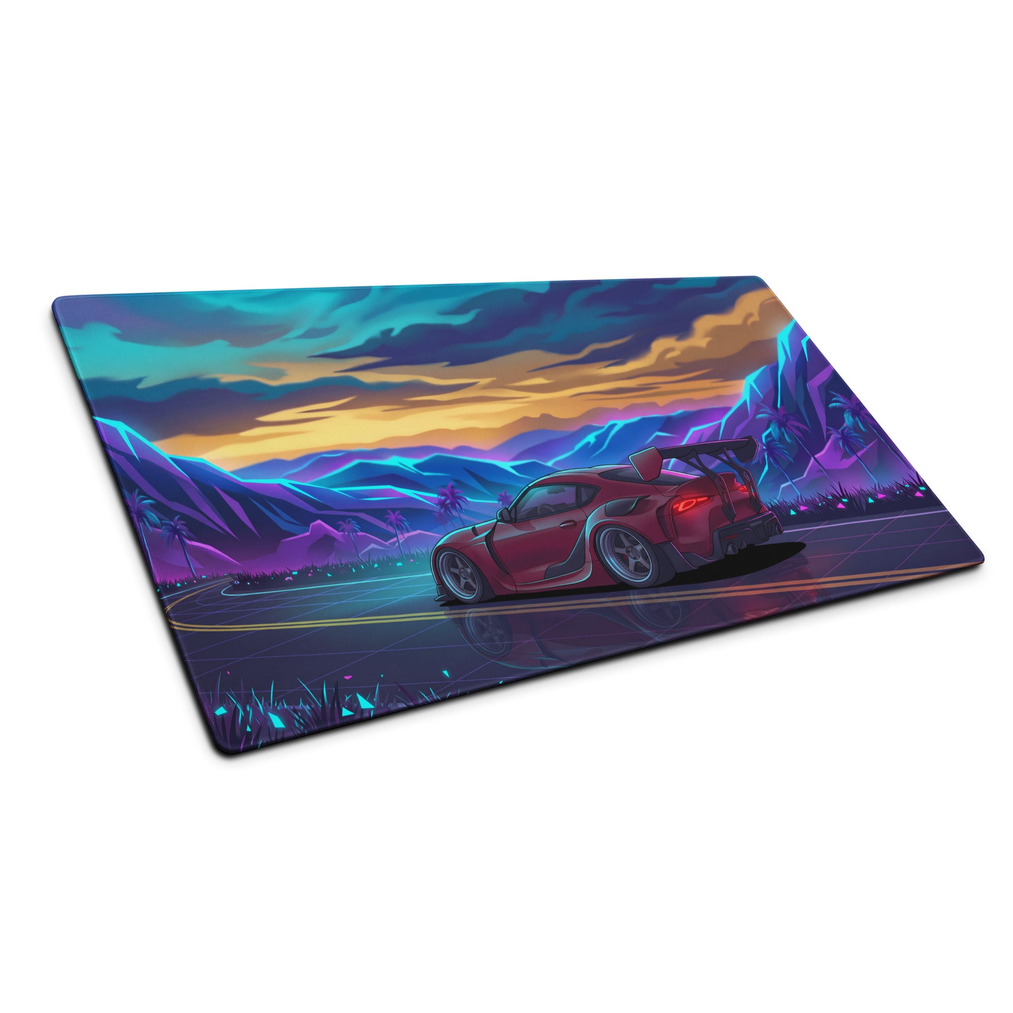Toyota GR Supra A90 Inspired Red Blue Vaporwave Gaming Mouse Pad, Neon JDM Sports Car Desk Mat with Retro Futuristic Mountain Road Artwork
