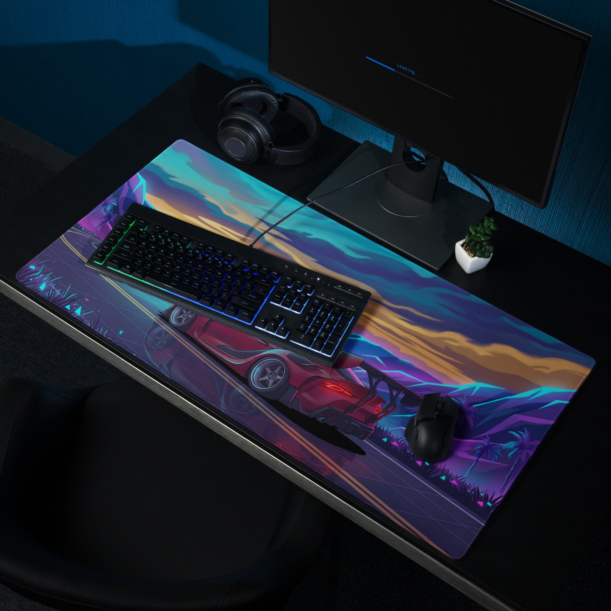 Toyota GR Supra A90 Inspired Red Blue Vaporwave Gaming Mouse Pad, Neon JDM Sports Car Desk Mat with Retro Futuristic Mountain Road Artwork