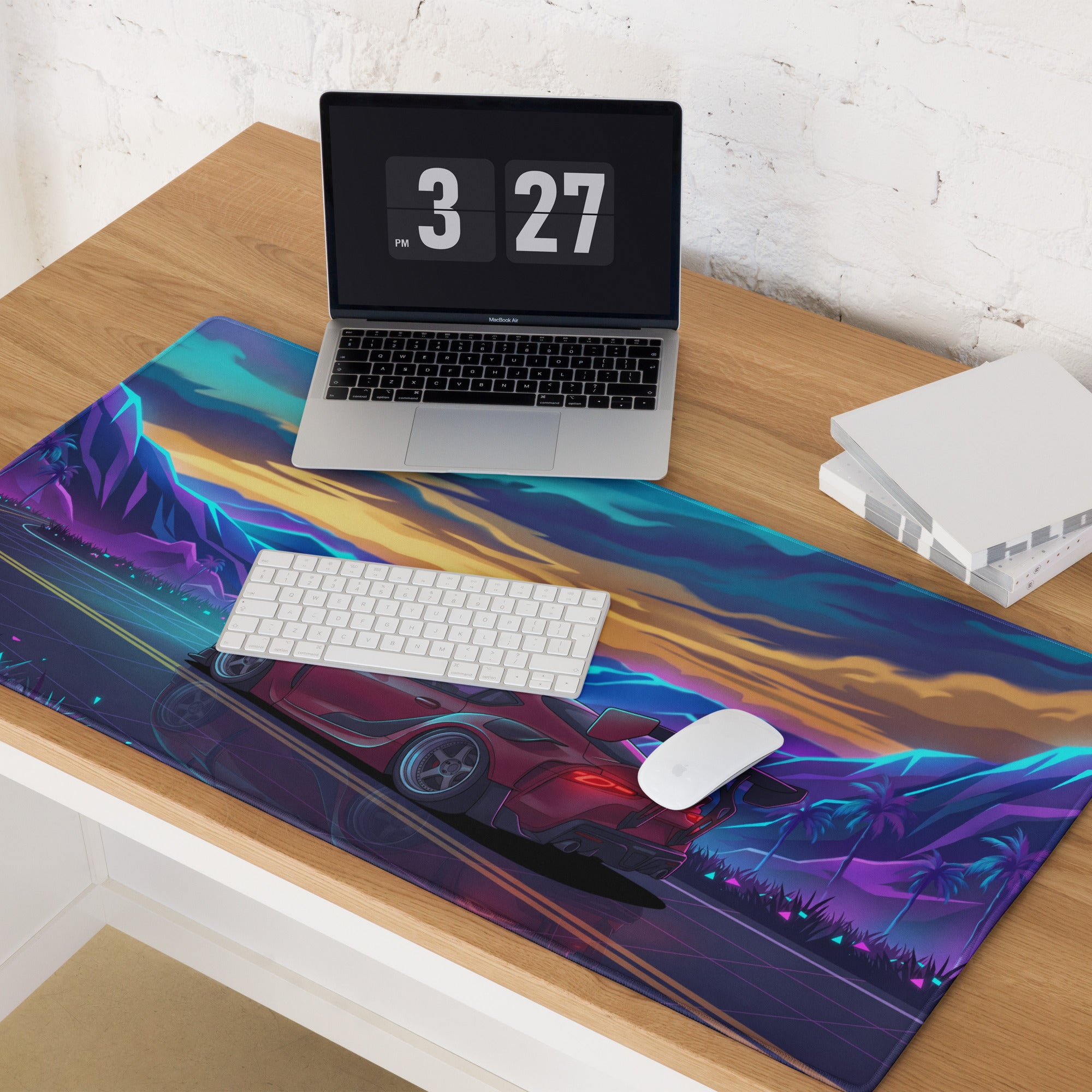 Toyota GR Supra A90 Inspired Red Blue Vaporwave Gaming Mouse Pad, Neon JDM Sports Car Desk Mat with Retro Futuristic Mountain Road Artwork