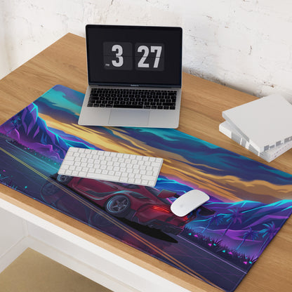 Toyota GR Supra A90 Inspired Red Blue Vaporwave Gaming Mouse Pad, Neon JDM Sports Car Desk Mat with Retro Futuristic Mountain Road Artwork
