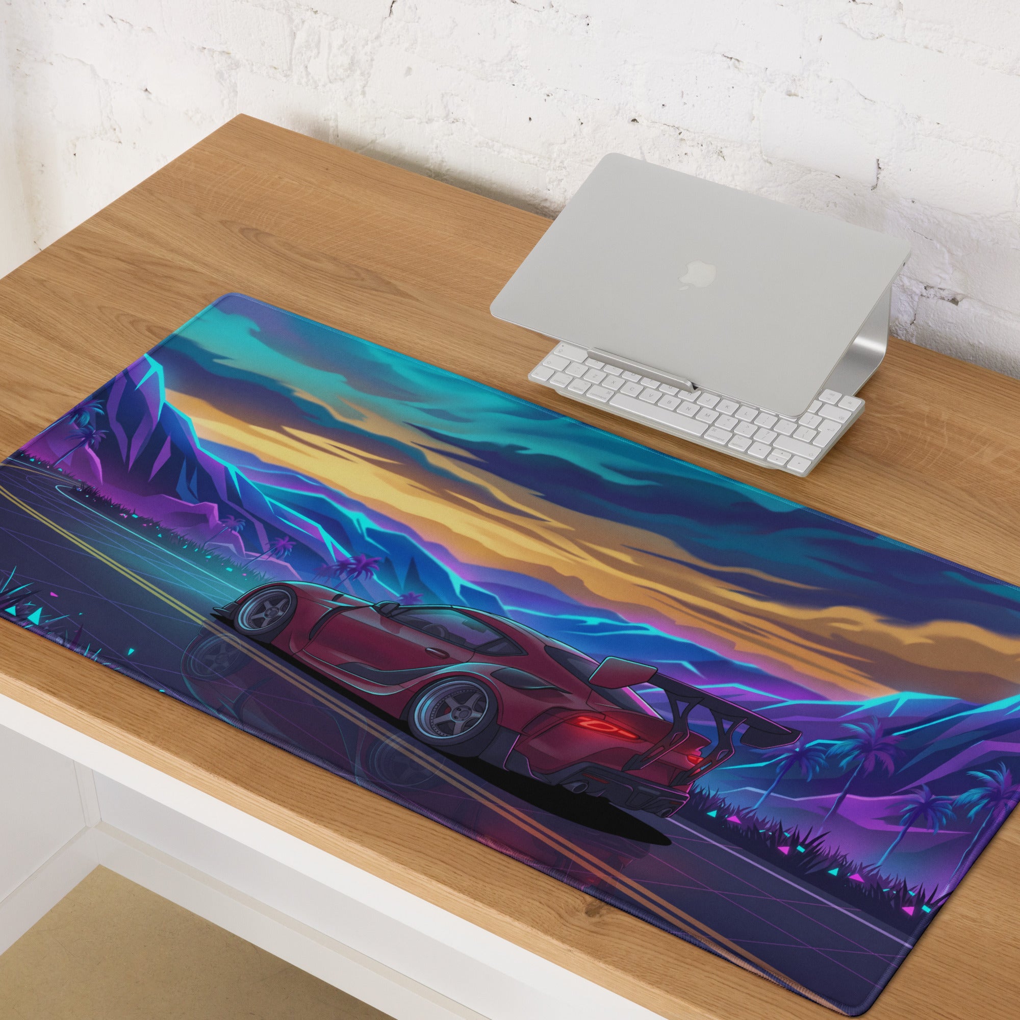 Toyota GR Supra A90 Inspired Red Blue Vaporwave Gaming Mouse Pad, Neon JDM Sports Car Desk Mat with Retro Futuristic Mountain Road Artwork
