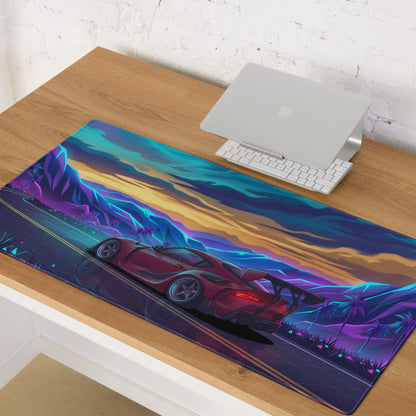 Toyota GR Supra A90 Inspired Red Blue Vaporwave Gaming Mouse Pad, Neon JDM Sports Car Desk Mat with Retro Futuristic Mountain Road Artwork