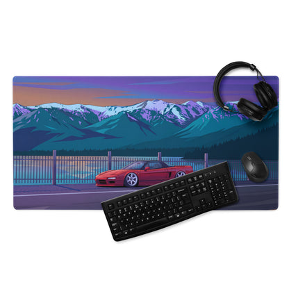 Honda NSX Inspired Red Blue Vaporwave Gaming Mouse Pad, Neon JDM Supercar Desk Mat with Retro Futuristic Snowy Mountain Artwork