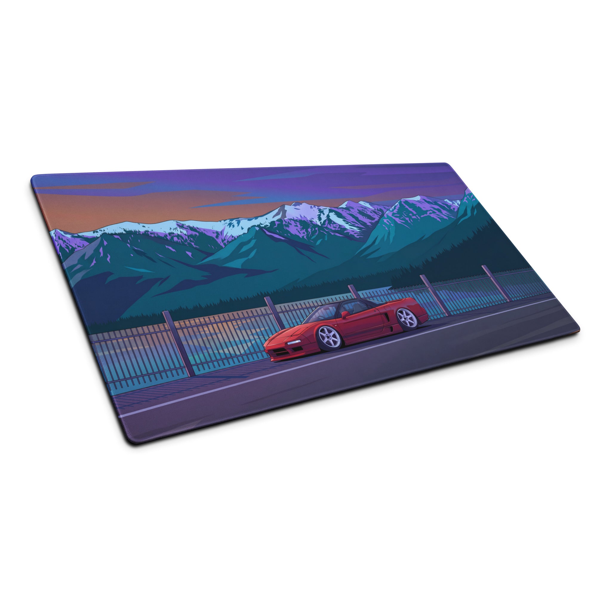 Honda NSX Inspired Red Blue Vaporwave Gaming Mouse Pad, Neon JDM Supercar Desk Mat with Retro Futuristic Snowy Mountain Artwork
