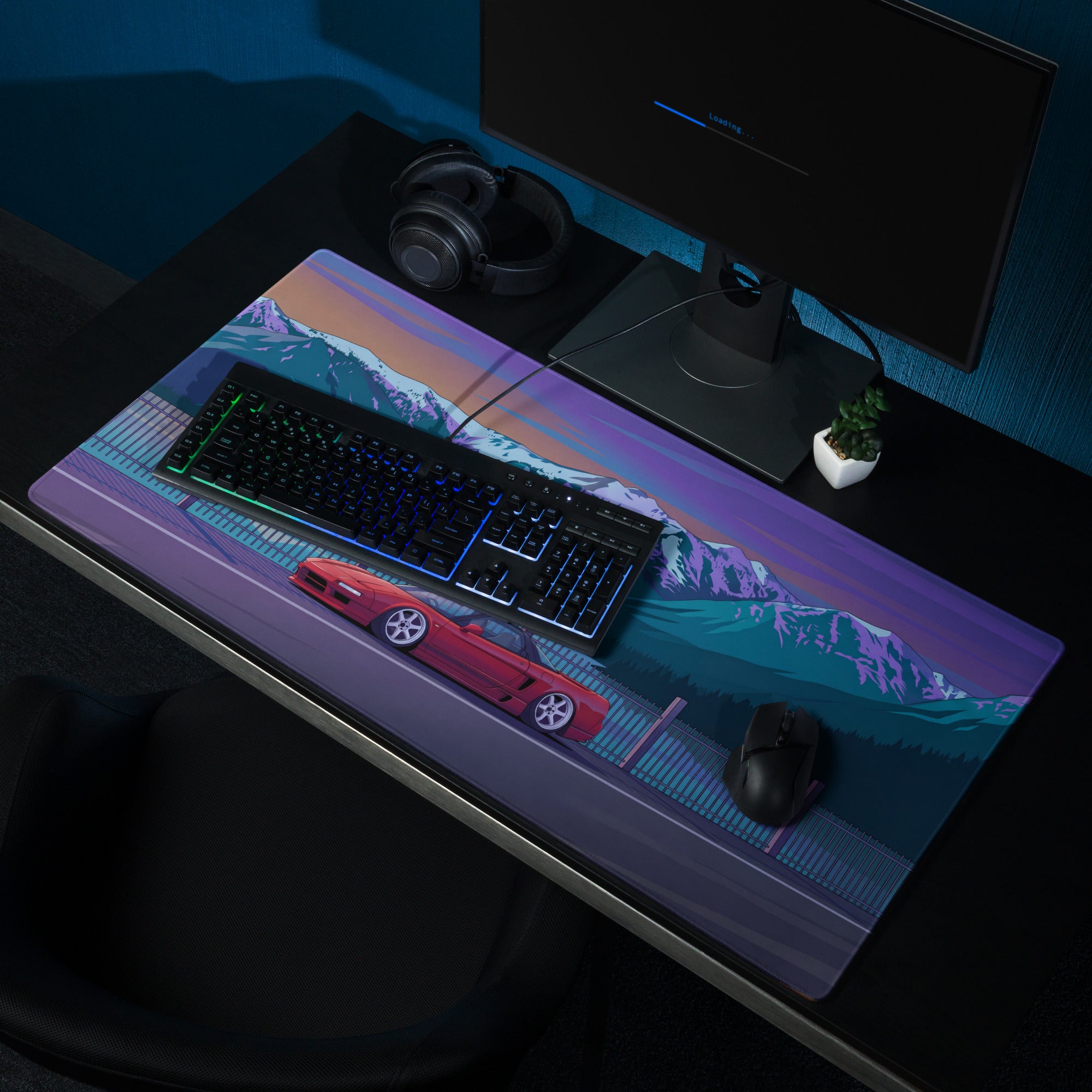 Honda NSX Inspired Red Blue Vaporwave Gaming Mouse Pad, Neon JDM Supercar Desk Mat with Retro Futuristic Snowy Mountain Artwork