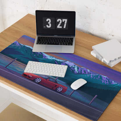 Honda NSX Inspired Red Blue Vaporwave Gaming Mouse Pad, Neon JDM Supercar Desk Mat with Retro Futuristic Snowy Mountain Artwork