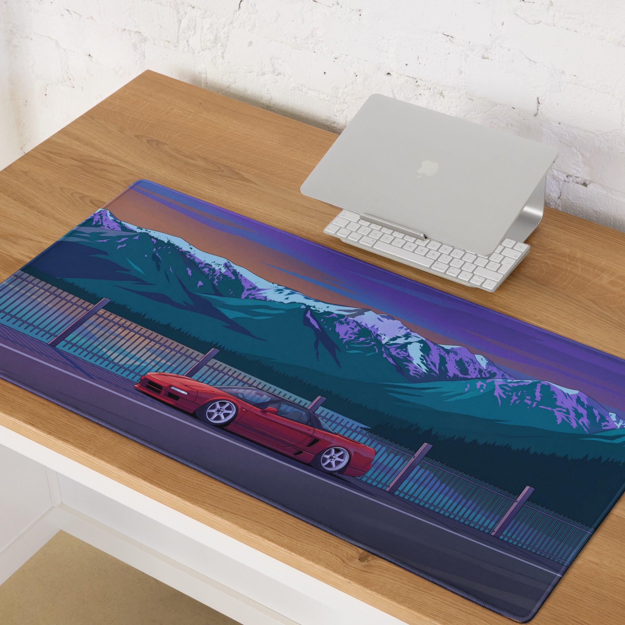 Honda NSX Inspired Red Blue Vaporwave Gaming Mouse Pad, Neon JDM Supercar Desk Mat with Retro Futuristic Snowy Mountain Artwork