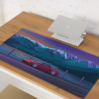 Honda NSX Inspired Red Blue Vaporwave Gaming Mouse Pad, Neon JDM Supercar Desk Mat with Retro Futuristic Snowy Mountain Artwork
