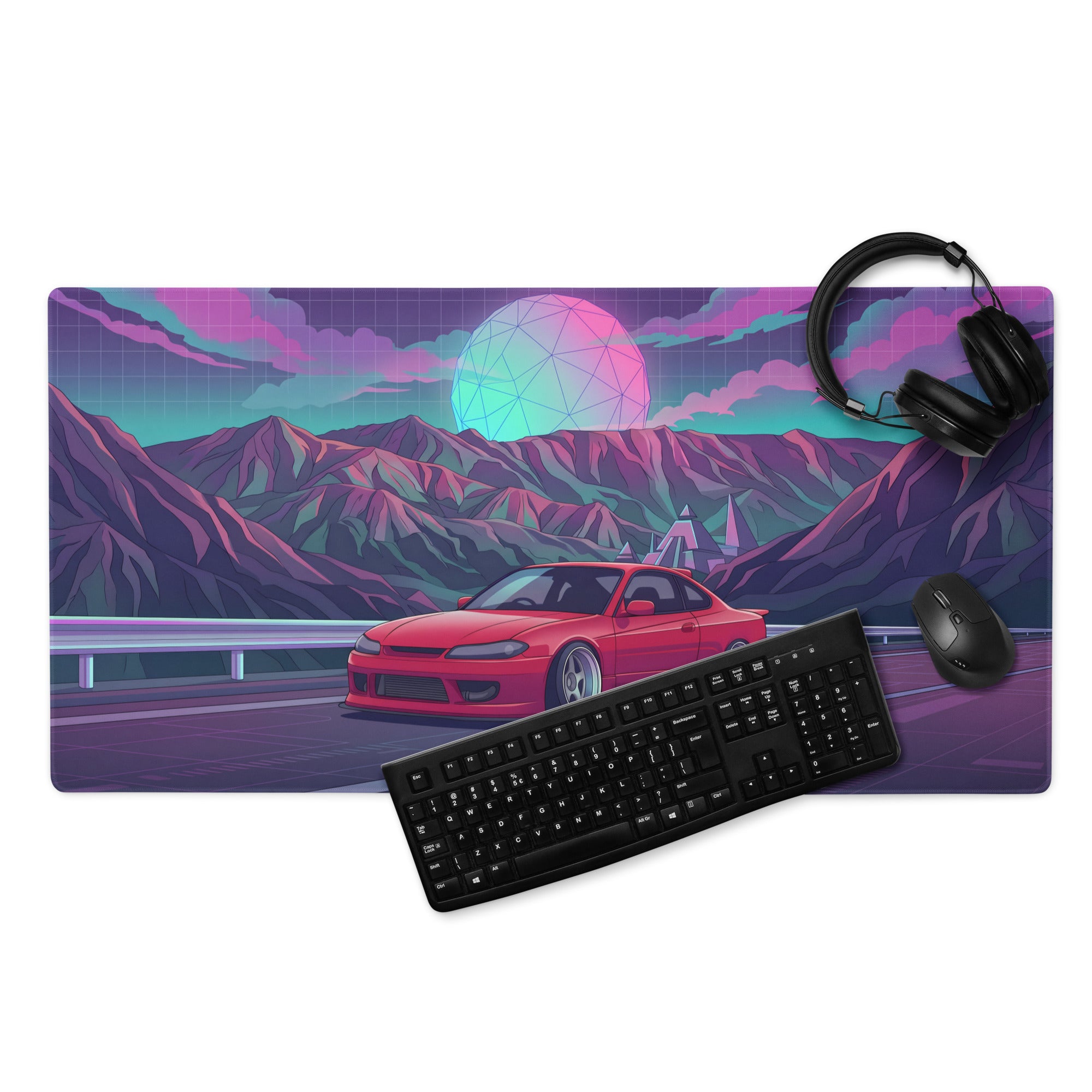 Nissan Silvia S15 Inspired Red Purple Vaporwave Gaming Mouse Pad, Neon JDM Drift Car Desk Mat with Retro Futuristic Mountain Road Artwork