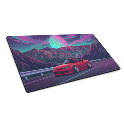 Nissan Silvia S15 Inspired Red Purple Vaporwave Gaming Mouse Pad, Neon JDM Drift Car Desk Mat with Retro Futuristic Mountain Road Artwork