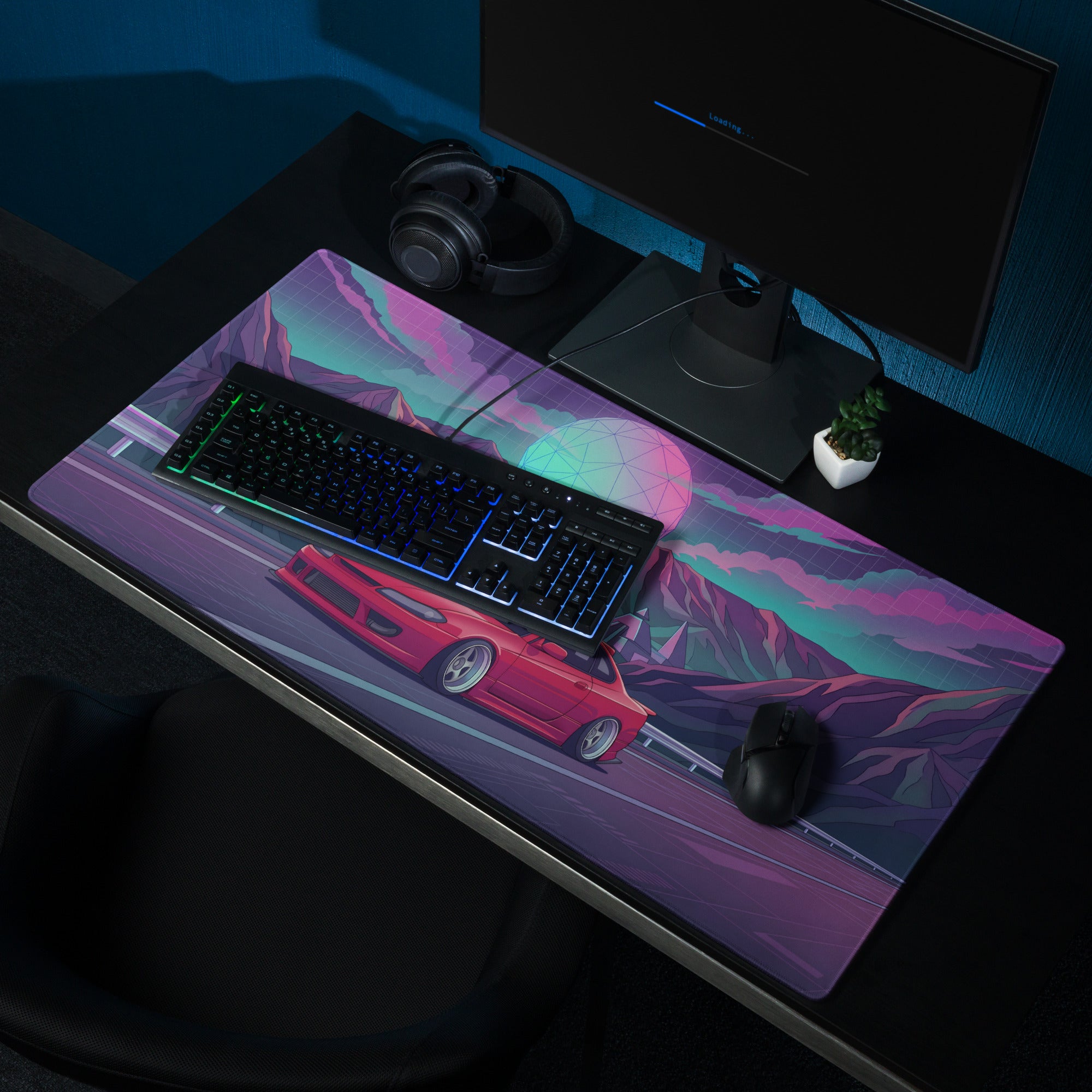 Nissan Silvia S15 Inspired Red Purple Vaporwave Gaming Mouse Pad, Neon JDM Drift Car Desk Mat with Retro Futuristic Mountain Road Artwork