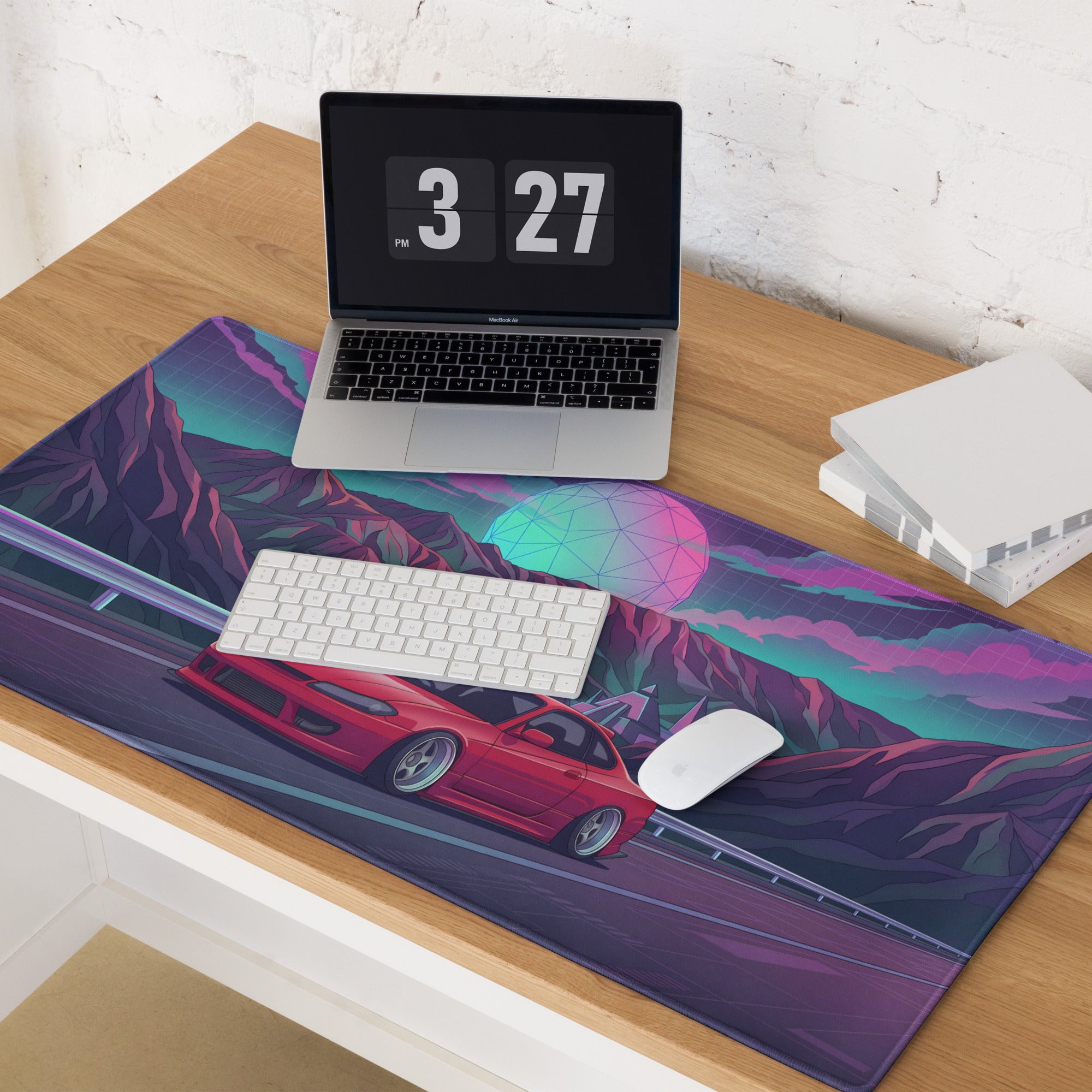 Nissan Silvia S15 Inspired Red Purple Vaporwave Gaming Mouse Pad, Neon JDM Drift Car Desk Mat with Retro Futuristic Mountain Road Artwork