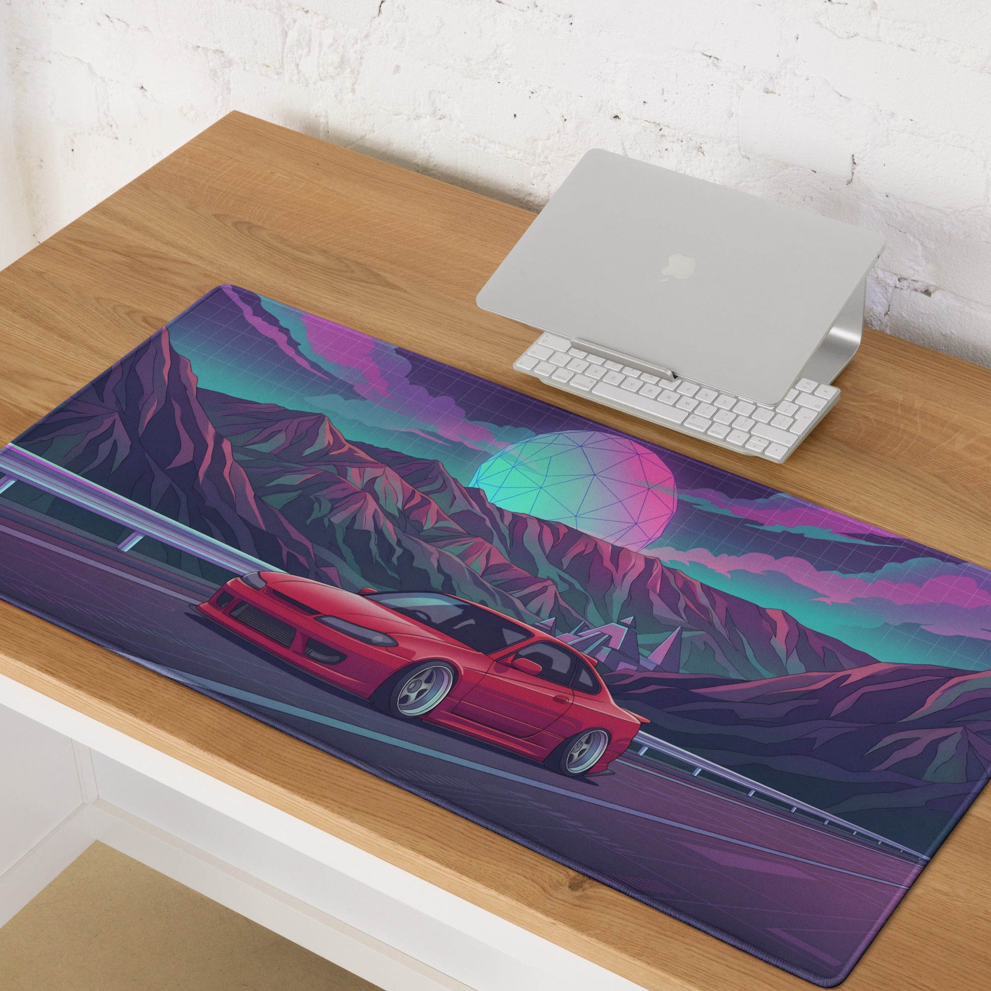 Nissan Silvia S15 Inspired Red Purple Vaporwave Gaming Mouse Pad, Neon JDM Drift Car Desk Mat with Retro Futuristic Mountain Road Artwork