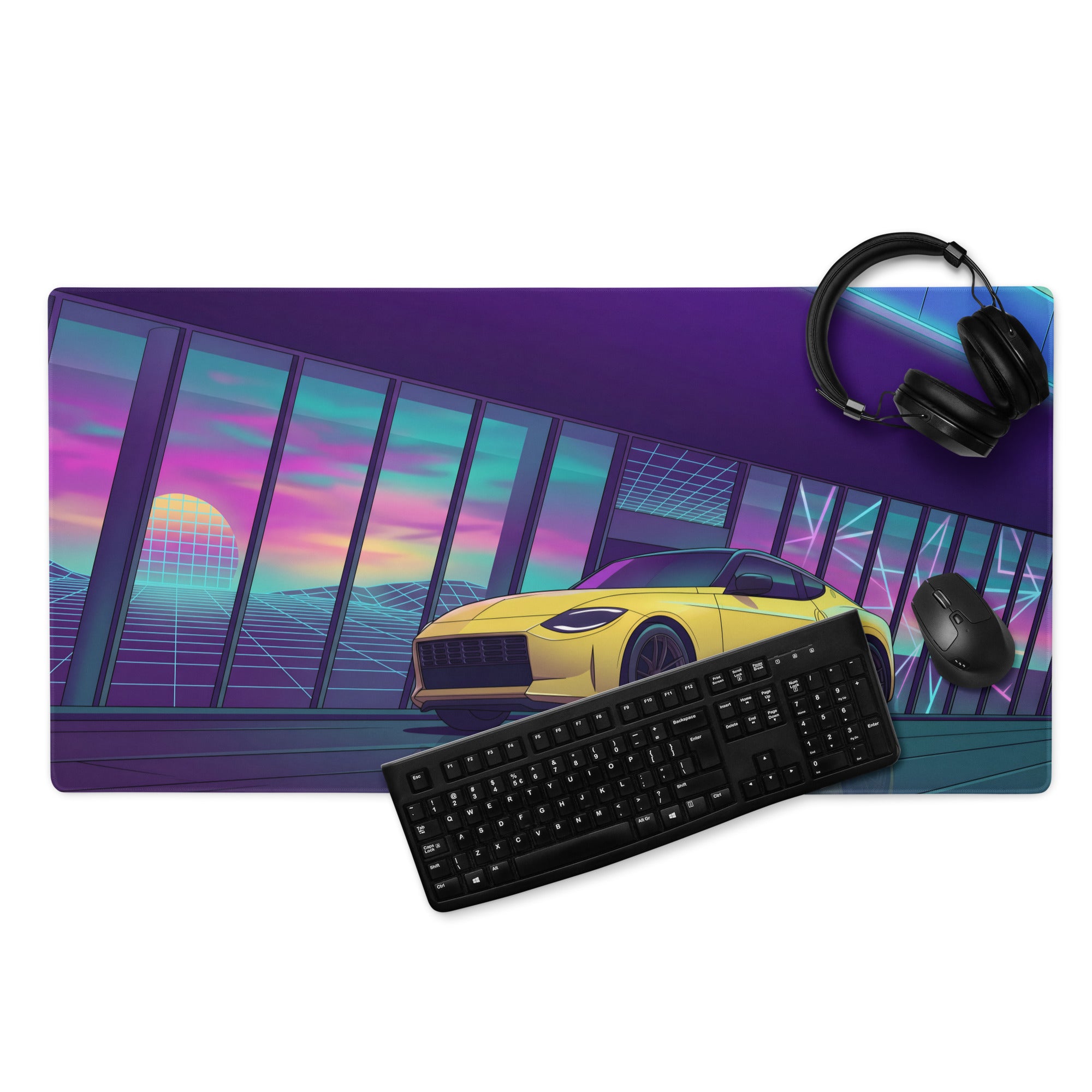 Nissan Z RZ34 Inspired Yellow Purple Vaporwave Gaming Mouse Pad, Neon JDM Sports Car Desk Mat with Retro Futuristic Sunset Grid Artwork