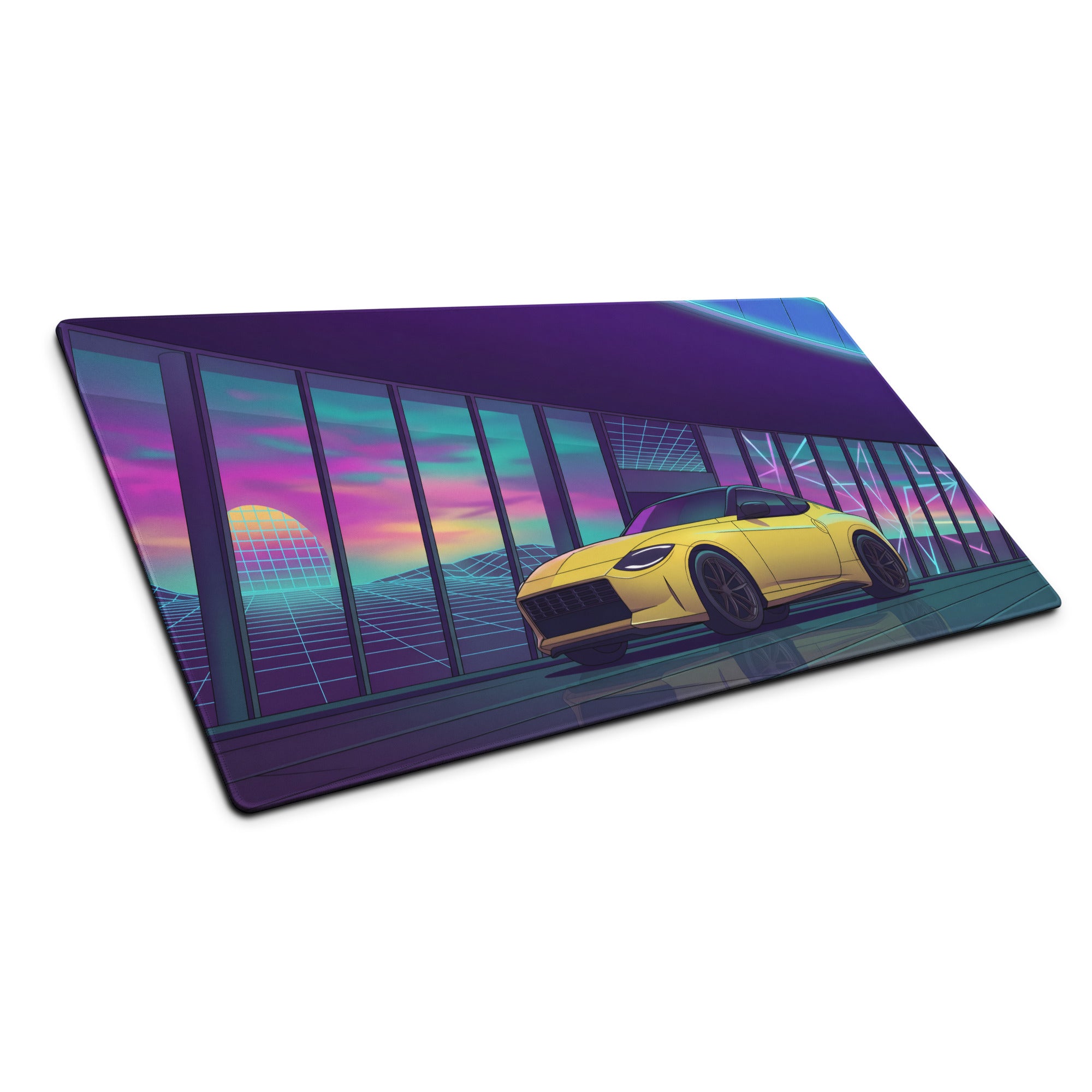 Nissan Z RZ34 Inspired Yellow Purple Vaporwave Gaming Mouse Pad, Neon JDM Sports Car Desk Mat with Retro Futuristic Sunset Grid Artwork