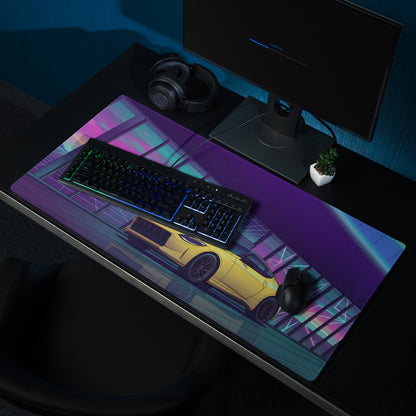 Nissan Z RZ34 Inspired Yellow Purple Vaporwave Gaming Mouse Pad, Neon JDM Sports Car Desk Mat with Retro Futuristic Sunset Grid Artwork