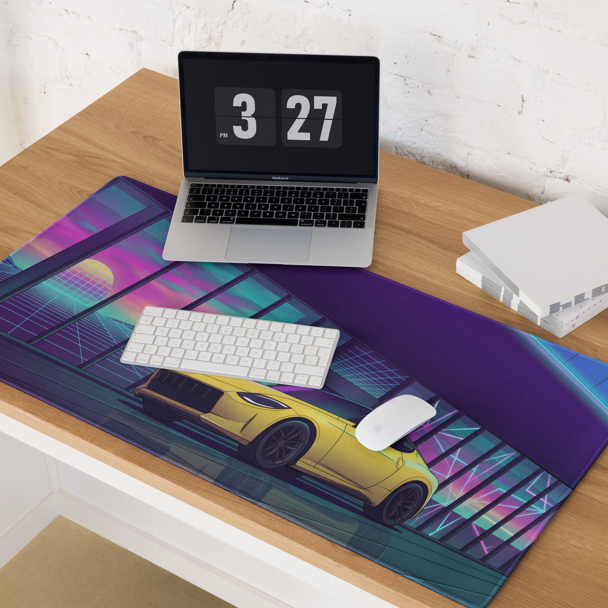 Nissan Z RZ34 Inspired Yellow Purple Vaporwave Gaming Mouse Pad, Neon JDM Sports Car Desk Mat with Retro Futuristic Sunset Grid Artwork