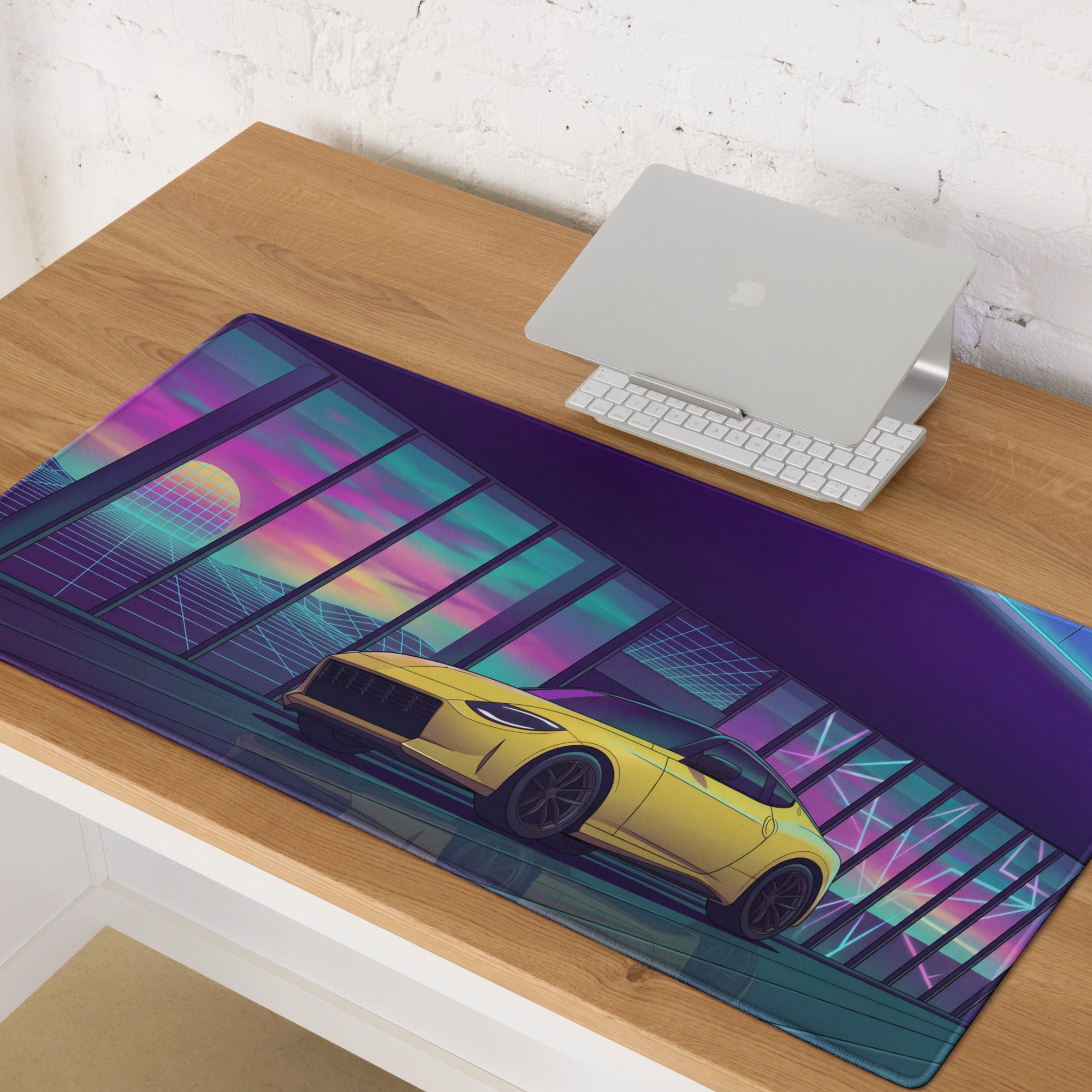 Nissan Z RZ34 Inspired Yellow Purple Vaporwave Gaming Mouse Pad, Neon JDM Sports Car Desk Mat with Retro Futuristic Sunset Grid Artwork