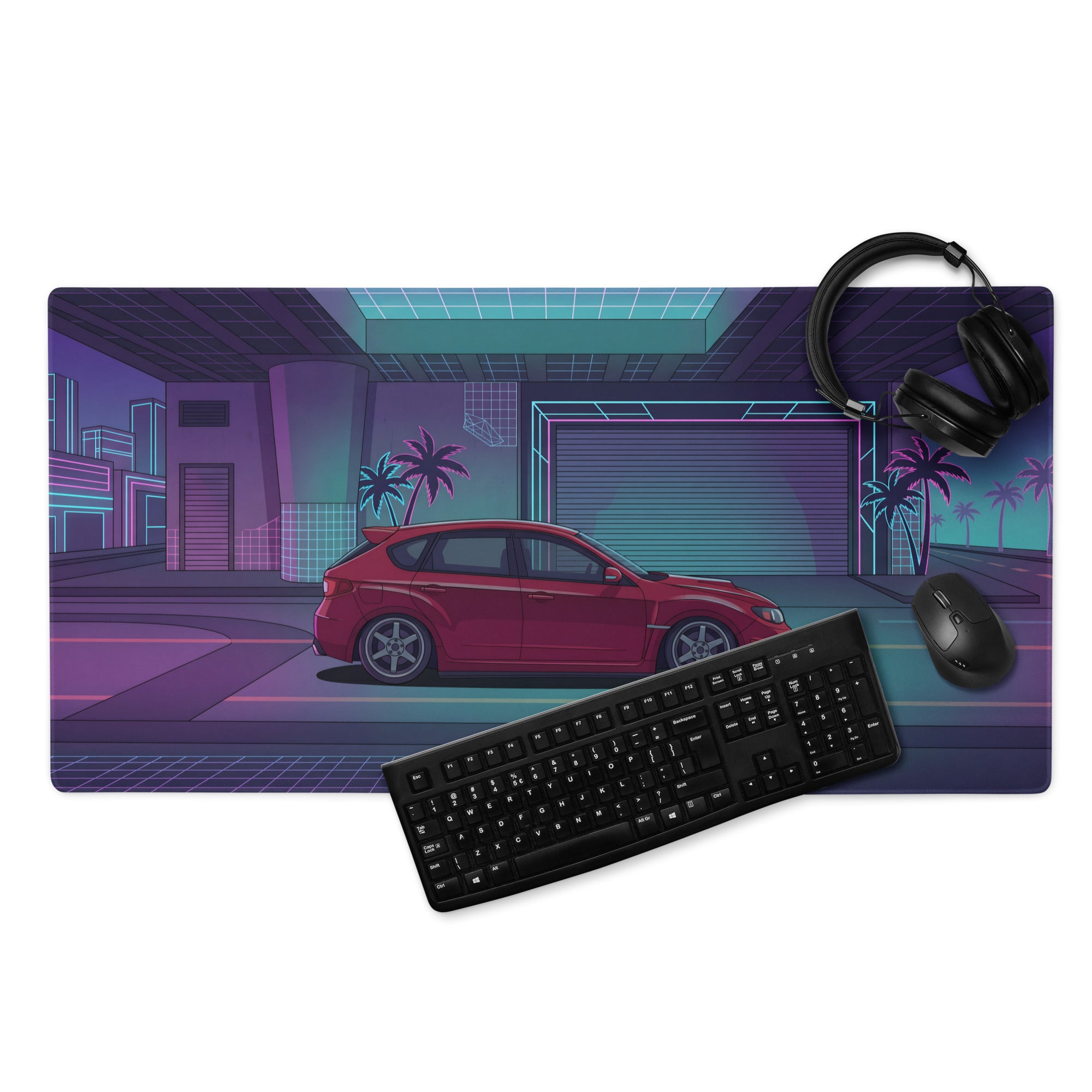 Subaru Impreza WRX STI Hatchback Inspired Red Purple Vaporwave Gaming Mouse Pad, Neon JDM Rally Car Desk Mat with Retro Futuristic City Artwork