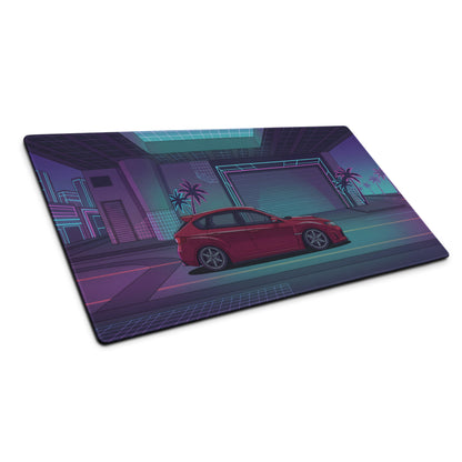 Subaru Impreza WRX STI Hatchback Inspired Red Purple Vaporwave Gaming Mouse Pad, Neon JDM Rally Car Desk Mat with Retro Futuristic City Artwork