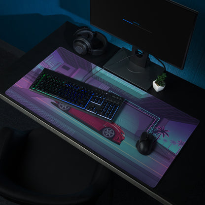 Subaru Impreza WRX STI Hatchback Inspired Red Purple Vaporwave Gaming Mouse Pad, Neon JDM Rally Car Desk Mat with Retro Futuristic City Artwork