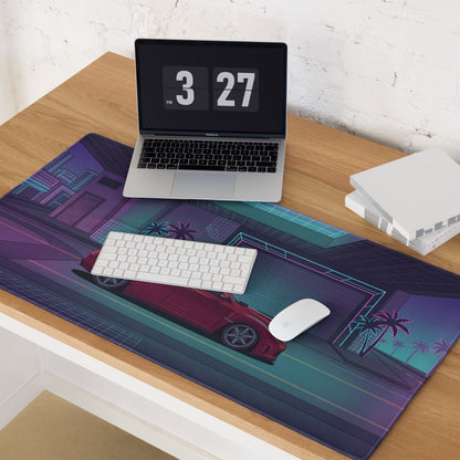Subaru Impreza WRX STI Hatchback Inspired Red Purple Vaporwave Gaming Mouse Pad, Neon JDM Rally Car Desk Mat with Retro Futuristic City Artwork