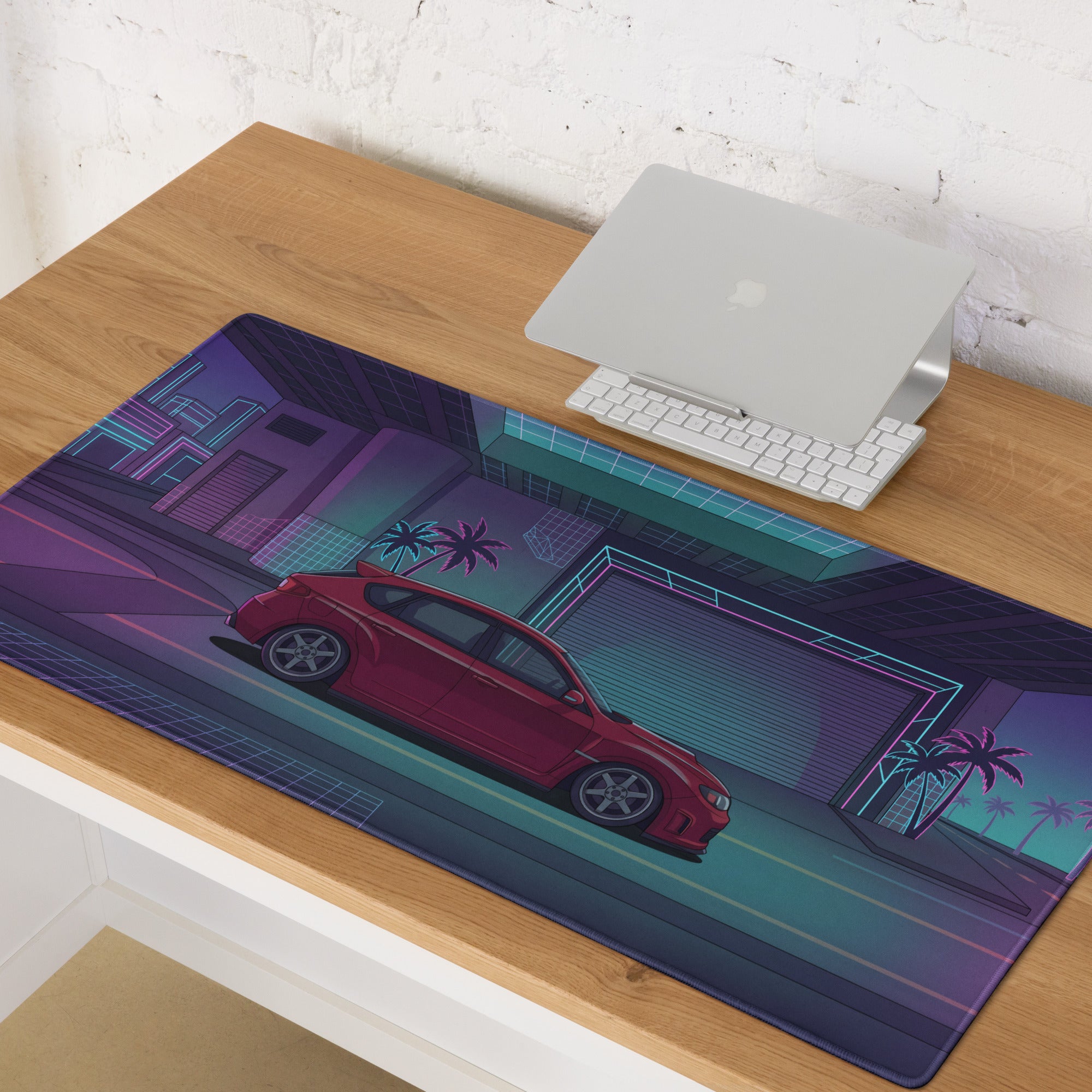 Subaru Impreza WRX STI Hatchback Inspired Red Purple Vaporwave Gaming Mouse Pad, Neon JDM Rally Car Desk Mat with Retro Futuristic City Artwork