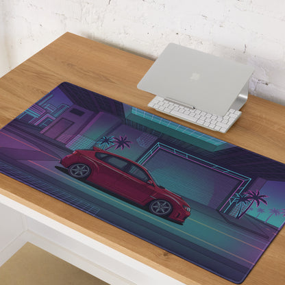 Subaru Impreza WRX STI Hatchback Inspired Red Purple Vaporwave Gaming Mouse Pad, Neon JDM Rally Car Desk Mat with Retro Futuristic City Artwork